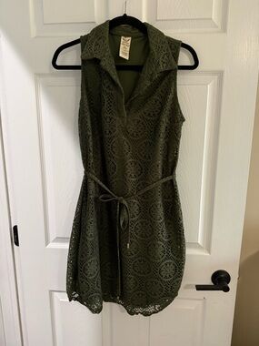 Faded Glory Olive Green Sleeveless Eyelet Lace Dress with Tie